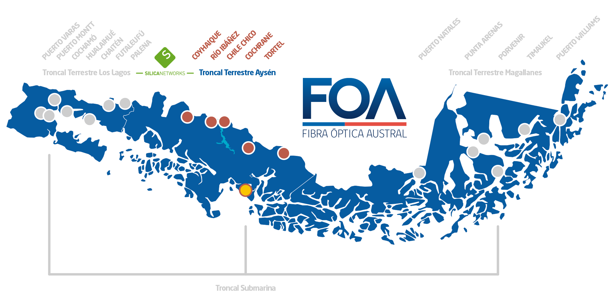 Mapa de la red FOA (Fibra Óptica Austral)